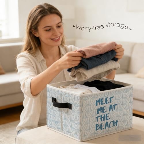 Blue Coastal Beach Seashell Storage Bins Box with Handles, Meet Me at the Beach Nautical Ocean Sea Shell Foldable Basket Toybox for Bedroom Bathroom Home Clothes Toys Books - color: color-4