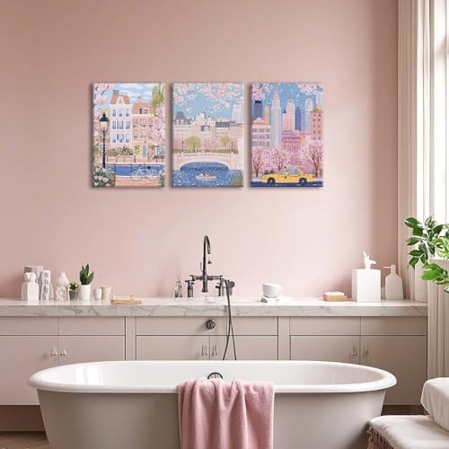 XLARTMY Watercolor City Landscape Travel Wall Art Canvas Framed Pink Cherry Flower Poster Girly Prints Painting Pictures Set of 3 for Bedroom Living Room Office 16x24in - color: Watercolor City PB, size: 16x24in Canvas