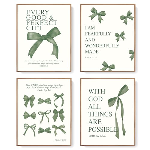 LARTSFRO Coquette Green Bow Wall Art Decor Posters, Olive Green Bow Christian Room Bedroom Bathroom Dorm Wall Art Decor Aesthetic for College Teen Girls Gifts, Inspirational Bible Verses Bow Wall Decor, 10x8 Inch Set of 4 Pcs Bow Pictures (UNFRAMED) - col