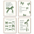 LARTSFRO Coquette Green Bow Wall Art Decor Posters, Olive Green Bow Christian Room Bedroom Bathroom Dorm Wall Art Decor Aesthetic for College Teen Girls Gifts, Inspirational Bible Verses Bow Wall Decor, 10x8 Inch Set of 4 Pcs Bow Pictures (UNFRAMED) - col