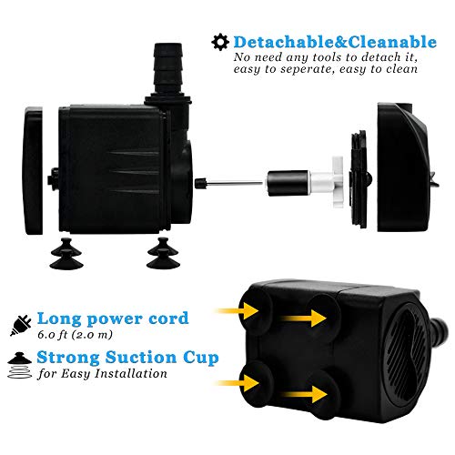 PULACO Small Submersible Pump (160GPH 10Watt), Ultra Quiet Fountain Pump (600L/H) with 3.3 ft Tubing for Aquariums, Pond Fountain, Water Feature, Indoor Fountains