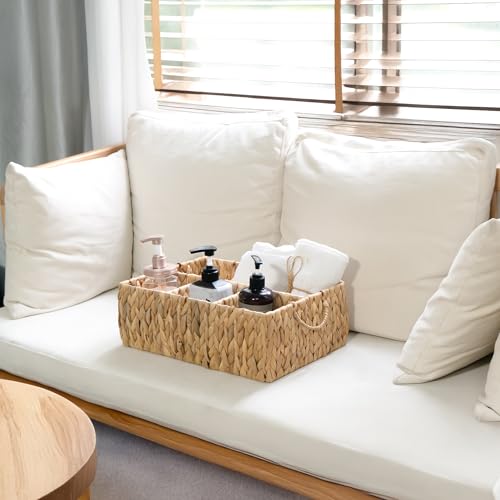 KOKODO Divided Storage Basket Woven Natural Basket Hyacinth for Organizing Bathroom Kitchen Shelves Office Supplies Organization Everyday Wicker Storage Baskets 4 Section Rectangular Tray - color: Divided 4-section