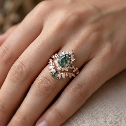 Natural Moss Agate Engagement Ring Set for Women, Unique Genuine Moss Agate Ring, 925 Sterling Silver 10K 14K 18K Solid Gold Nature Inspired Bridal Set, Boho Wedding Jewelry Gift - color: Nine