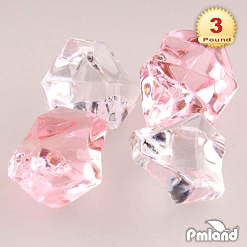 PMLAND Clear Fake Ice Rocks – 550 Pcs Large Mixed Pink Acrylic Gems Crushed Plastic Diamonds, 3 Lbs / 2.25 Quarts Bulk Vase Filler for Centerpieces Wedding Theme Décor Aquarium Table Scatter - color: Pink/Clear