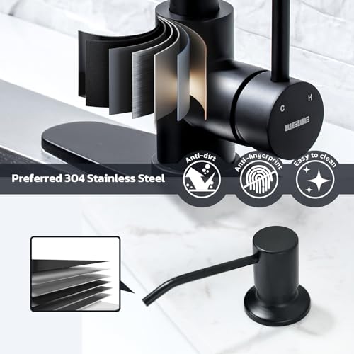 WEWE Black Kitchen Faucet with Soap Dispenser, Kitchen Sink Faucet with Pull Down Sprayer Stainless Steel Single Handle High Arc Pull Out Matte Black Faucet for Bar Laundry RV Utility - color: Matte Black, style: Vintage