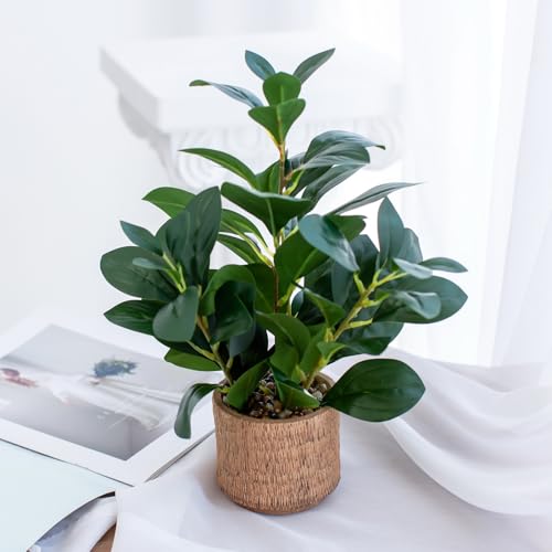 12.6" Fake Plants in Brown Ceramic Vase Realistic Ficus Leaf Faux Plant for Desk Book Shelf Bathroom Office Kitchen Counter Bedroom Small Space Ready to Display Artificial Indoor Plant Decor