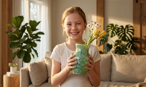 8" Organic Green Mosaic Vase, Heavy Glass Healing Spring Decor Centerpiece, Hand-Pasted Crackle Glass Flower Vase with Anti-Slip Base, Boho Nature Accent for Living Room & Bathroom - color: Organic Green