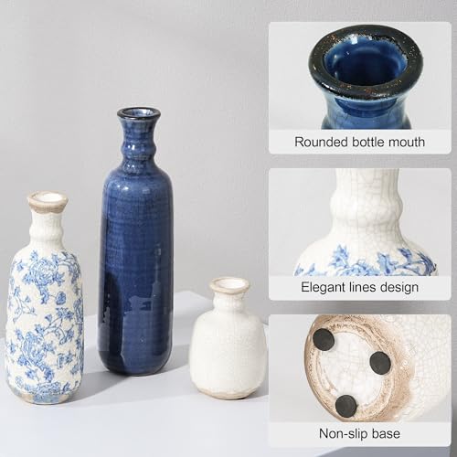 Ceramic Vase Set, 3Pcs Flower Vases for Modern Boho Farmhouse Decor, Decorative Vases for Pampas Grass & Dried Flowers, Distressed Finish - color: D