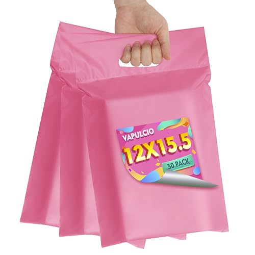 Poly Mailers 12x15.5 inch 50 Pcs, Pink Mailing Envelopes with Handle, Easy to Carry and Self Adhesive Shipping Bags for Clothing, Upgrade Design Tamper Proof Mailers Poly Bags - color: HandlePink, size: 12x15.5 Inch 50 Pcs