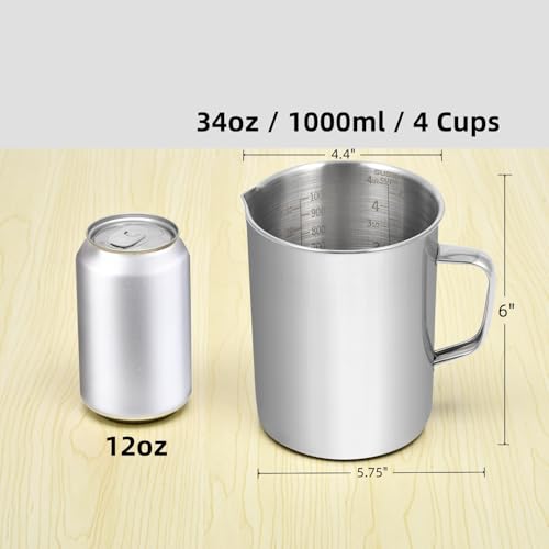 Kichwit Large Stainless Steel Measuring Cup, Liquid Metal Measuring Cup with Handle, 34oz / 1000ml / 4 Cups - size: Large, 34 oz (1000 ml, 4 cups)