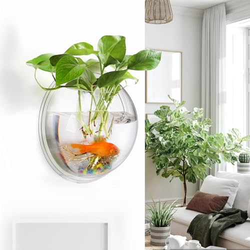 WUWEOT Hanging Fish Bowl, 9'' Acrylic Wall Mounted Fish Tank, 0.5 Gallon Hydroponic Air Plant Flower Pot, Transparency Bubble Vase Mini Aquarium Planter with Fake Plants and Colorful Stone