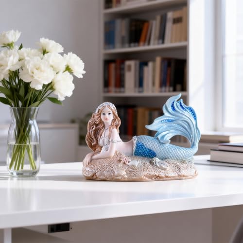 Rayberro 4.33" Mermaid Figurines Resin Blue Mermaid Sculpture Mediterranean Princess Statue Ornaments Home Office Desktop Bookshelf Decor Mermaid Collectible Crafts Fish Tank Aquarium Decoration Gift - color: Blue Beach