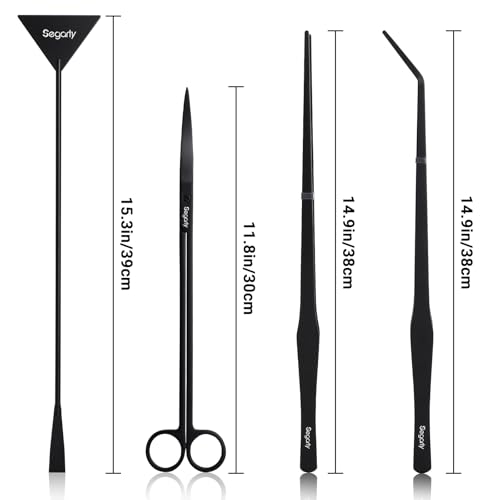 Segarty Longer Aquarium Aquascaping Tools, 4 in 1 Stainless Steel Black Aquarium Tools Kit for Aquatic Plant Fish Tank, Long Scraper Spatula Feeding Tweezers Curved Scissors Anti Rust Aquascape Set