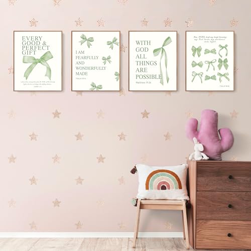 LARTSFRO Coquette Sage Green Bow Wall Art Decor Posters, Sage Green Bow Room Bedroom Bathroom Dorm Wall Art Decor Aesthetic for Teen Girls Gifts, Inspirational Bible Verses Bow Wall Decor, 10x8 Inch Set of 4 Pcs Bow Pictures (UNFRAMED) - color: green bow,