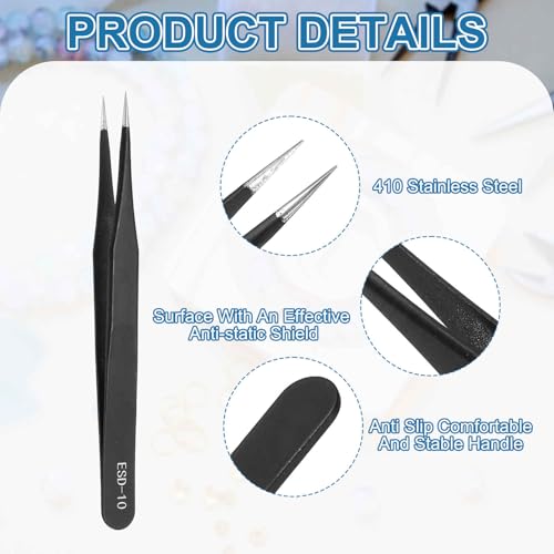 HARFINGTON 3pcs 4.8" Long ESD-10 Anti-static Straight Pointed Tip Tweezers Stainless Steel Round Edge Non-magnetic Precision Tweezers for Various Electronics Precise Repair - size: 4.8"（ESD-10)