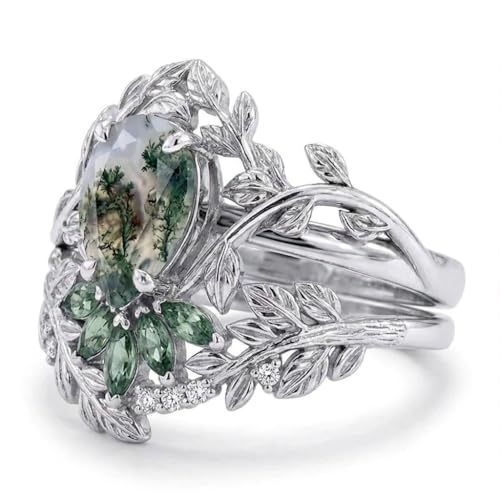 Natural Moss Agate Engagement Ring Set for Women, Unique Genuine Moss Agate Ring, 925 Sterling Silver 10K 14K 18K Solid Gold Nature Inspired Bridal Set, Boho Wedding Jewelry Gift - color: Two