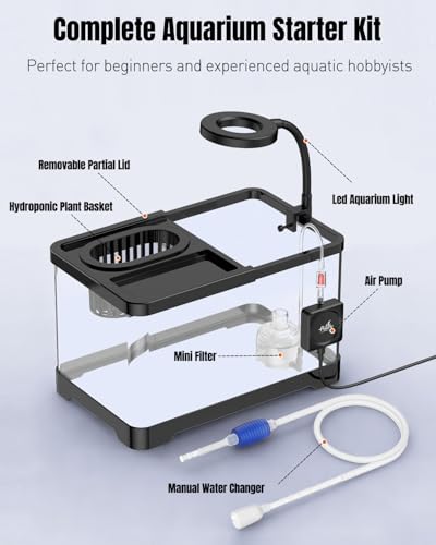 Pawfly 2 Gallon Fish Tank, Ultra Clear Aquarium Starter Kit with 6 W LED Aquarium Light, Mini Air Pump, Filter, Siphon Vacuum Water Changer & Basket, Small Fish Tank for Betta - color: Black-02