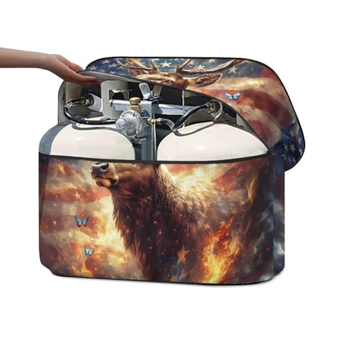 American Flag Deer RV Propane Tank Cover for Travel Trailer Replacement Cover for RV/Trailer/Camper Double 20lb Propane Tank Protector - color: American Flag Deer, size: Small-Double 20LB