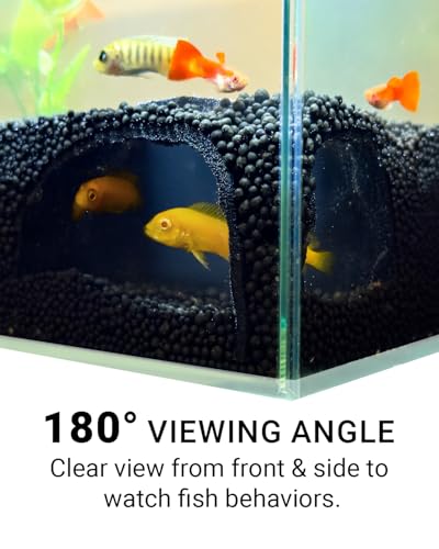 Aquarium Cave – Rock Texture Fish Shelter with 180° Viewing Angle, Betta Fish Tank Accessories, Shrimp & Snails – Aquarium Decor & Tunnel (Black) - color: Black