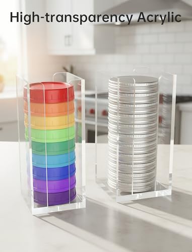 NiHome 2 PCS Acrylic Mason Jar Lid Organizer Rack, Dual Size Holder for Regular and Wide Mouth Lids, Vertical Storage Stand for Cabinet Kitchen Countertop and Pantry Organization (Clear)