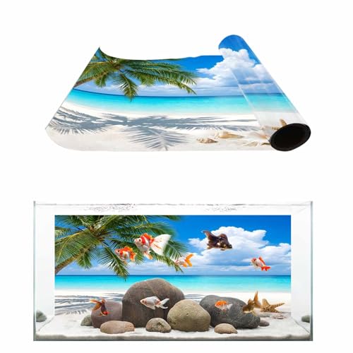 Summer Beach Aquarium Background 12x24 Inch Self-Adhesive Fish Tank Decorations, Tropical Coastal Palm Tree Starfish Conch Decorative Fish Tank Background Polyester Aquarium Decor Poster - size: 12x24in