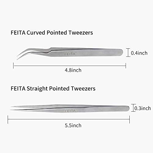 Best Eyelash Extension Tweezer Set - FEITA Pro Straight & Curved Pointy Precision Fine Tip Tweezers for Lash Extensions - Silver - 2Pcs - color: Straight & Curved Tip 2pcs