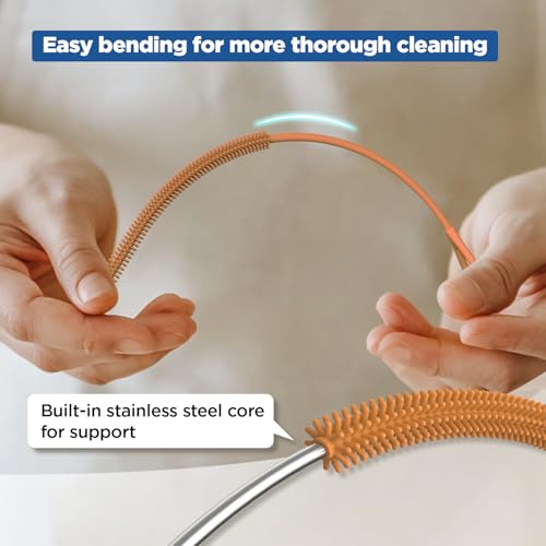 YOTIME Silicone Straw Cleaner Brush, 2Pcs Reusable Straw Brush Extra Long for Cleaning Tumbler with Handle and Glass Metal Smoothie Straws, Non-slip Handle Soft and Bendable, 6mm+9mm, Orange - color: Orange
