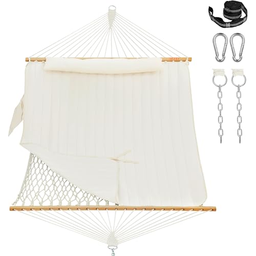 Lazy Daze Hammocks Rope Hammock with Pad, Spreader Bar, Carabiners, Tree Straps, Chains for Outside Patio- Max 450 Lbs, Cream