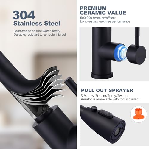 Black Kitchen Faucet and Water Filter Faucet Combo, WOWOW Stainless Steel Kitchen Sink Faucet with Drinking Water Faucet for Reverse Osmosis or Water Filtration System, Matte Black - color: B: Black, style: Kitchen Faucet & Filter Faucet