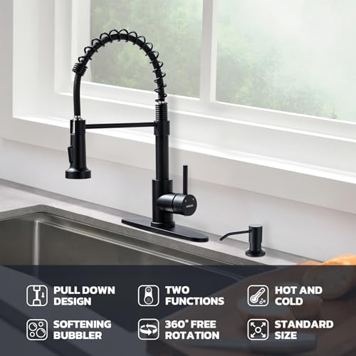 WEWE Black Kitchen Faucet with Soap Dispenser, Kitchen Sink Faucet with Pull Down Sprayer Stainless Steel Single Handle High Arc Pull Out Matte Black Faucet for Bar Laundry RV Utility - color: Matte Black, style: Vintage