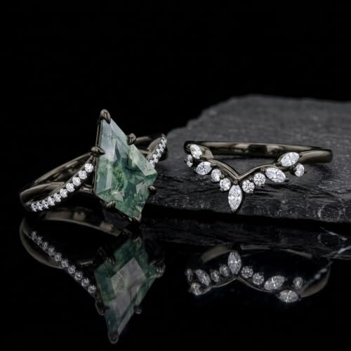 Natural Moss Agate Engagement Ring Set for Women, Unique Genuine Moss Agate Ring, 925 Sterling Silver 10K 14K 18K Solid Gold Nature Inspired Bridal Set, Boho Wedding Jewelry Gift - color: Six