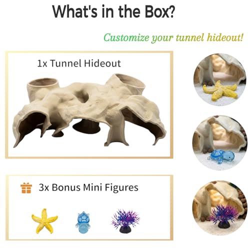 Large Aquarium Tunnel & Cave (9.5" L), 3D Printed Substrate Viewer Fish Hideout with Wide Top Entrances, Tank Decor for Small Fish, Corydoras, Betta & Shrimp- Set with 3 Mini Accessories (Yellow) - color: Golden Sand