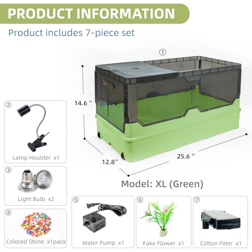 25.6x12.8x14.6 Turtle Tank Kit with Heat Lamp Filter and Wheels Aquatic Turtle Habitat and Aquarium for Small Turtles Hermit Crabs and Frogs Featuring Escape Proof Design and Easy Move Mobility - color: Green, size: 25.6x12.8x14.6 Inch