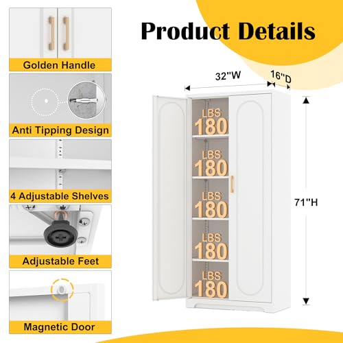 SteeLoong Kitchen Pantry Cabinet,71”Metal White Storage Cabinet with Doors and Shelves,Tall Cabinet with 2 Gold Hands for Dinning Room,Living Room - color: White, size: 71"H Arc