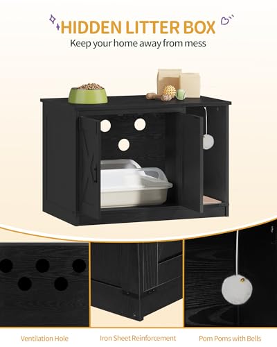 Hzuaneri Cat Litter Box Enclosure, Hidden Litter Box Cabinet Furniture with Bell, Indoor Cat House, Farmhouse Style, 31.5 x 19.7 x 20.9Inches, for Hallway, Bedroom, Black CB82404X - color: Black, size: 31.5"L x 19.7"W x 20.9"H