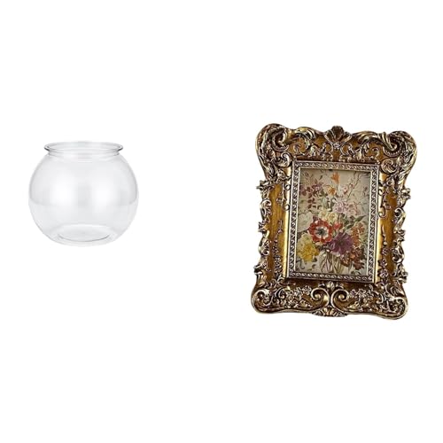 Baoblaze Transparent Small Fish Tank for Small Fish Round Ornament Aquarium Bowl Vase Table Office Hand Carved Floral Photo Frame Picture Holder Ta