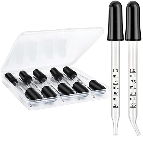 Herain Glass Eye Dropper Pipette 10 Pack, Ear Eye Dropper Bent & Straight Tips, 1 ml Droppers for Essential Oils, Lab, Crafts, Measuring and Transferring a Variety of Liquids - style: Small Rubber Bulb-10pcs-Straight Bent