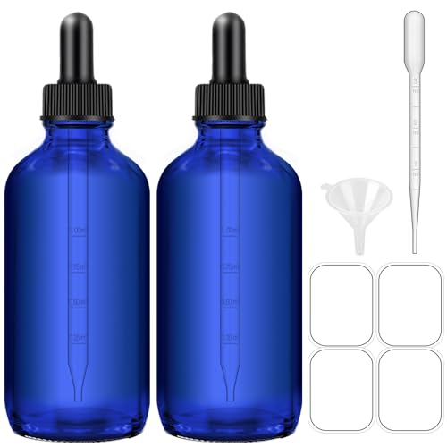 Bumobum Dropper Bottles, 4oz Blue Bottle with Dropper for Essential Oils with Funnel, Labels & Pipette, 2-Pack Tincture Bottles with Dropper(Unbreakable Plastic Eye Dropper) - color: Blue