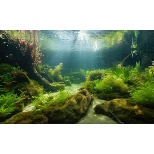 Underwater Aquarium Background Undersea Aquatic Plants Fish Tank Background Ocean Floor Sandy Sea Bed Scene Terrarium Backgrounds Lush Moss Covered Stone Rock Cork Reptile Tank Backgrounds 24x12in - color: Warm Green, size: 24(W)x12(H)in