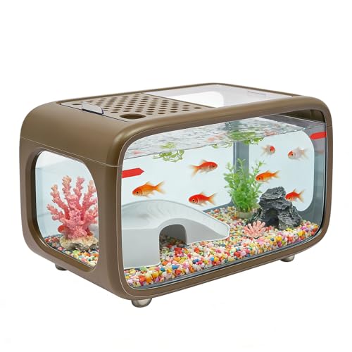 3.2 Gallon Plastic Fish Tank, Small Aquarium for Betta Fish Shrimp & Aquatic Plants, Shatterproof Mini Habitat with Clear Clarity, Desktop Decor for Home Office Plants Succulents (Brown) - color: Brown
