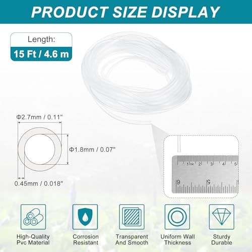 uxcell Clear PVC Tubing, 1.8mm ID x 2.7mm OD - 15ft PVC Tube Lightweight Vinyl Hose, Transparent Flexible Plastic Water Tubing for Air Oil Water Transfer Aquarium Irrigation - size: 1.8mm ID x 2.7mm OD