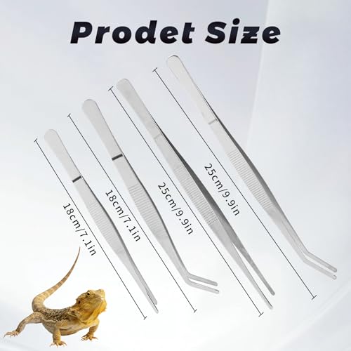 SLSON Reptile Feeding Tongs, 4-Pack Stainless Steel Straight and Curved Tweezers, Handling Tools for Bearded Dragon, Snake, Gecko, Lizards