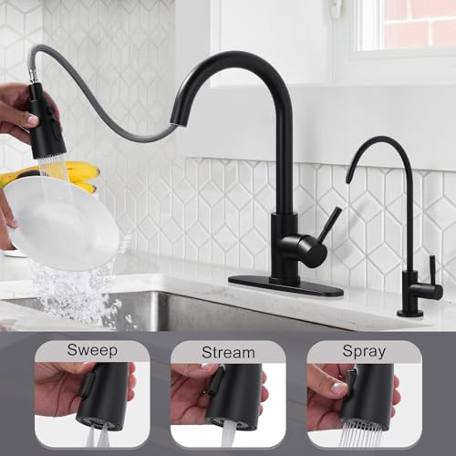 Black Kitchen Faucet and Water Filter Faucet Combo, WOWOW Stainless Steel Kitchen Sink Faucet with Drinking Water Faucet for Reverse Osmosis or Water Filtration System, Matte Black - color: B: Black, style: Kitchen Faucet & Filter Faucet