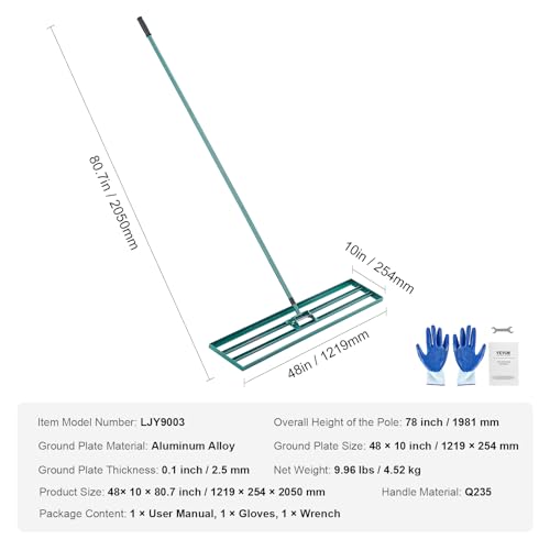 VEVOR Lawn Leveling Rake, 48""x10"" Level Lawn Tool, Heavy-Duty Lawn Leveler with 78"" Steel Extended Handle, Yard Leveling Rake Suit for Garden, Golf Lawn, Farm, Green - size: 48"x10", style: Classic: Alloy