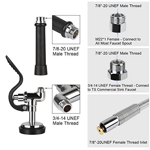 Pre Rinse Spray Valve with 45" Flexible Hose KANONEY Stainless Steel Hose 1.42 GPM Commercial Sink Sprayer Nozzle Head Replacement Kit for Dish Industrial Restaurant Kitchen Faucets, Black