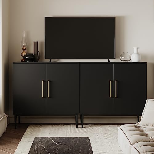 Black Storage Cabinet with Doors, Modern Accent Cabinet, Free Standing Cabinet with Adjustable Shelf, Wooden Buffet Sideboards for Living Room, Kitchen, Dining Room, Entryway - color: Black丨flat Panel, size: 1 Piece