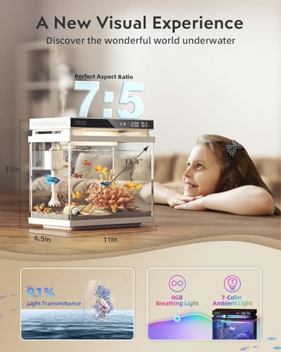 Fish Tank Smart Aquarium Kit: 2 Gal UHD Glass Silent Water Pump Self Cleaning System Temperature Monitoring Essential Oil Diffuser with Humidifier 7 Color Lights Multi-Layer Filtration System - White - color: White