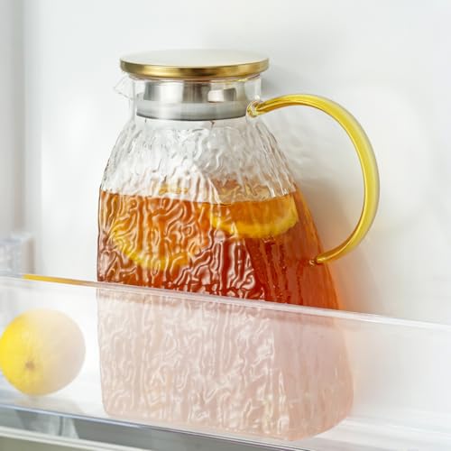 Baffect Water Pitcher, Glass Pitcher With Lid And Handle, 63 Oz / 1.8 L High Borosilicate Glass Jug For Fridge Door, Carafe For Hot/Cold Iced Tea Juice Coffee Milk Beverage （Glacier-Textured） - style: Glacier-Textured