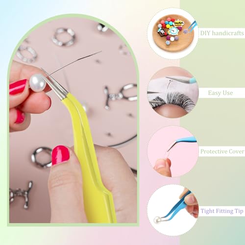 Honoson 9 Pieces Curved Pointed Craft Tweezers Stainless Steel Precision Tweezer with Protective Cover for Rhinestones Dried Flowers Craft Stickers Eyelash Extension Jewelry Making(Macaron Colors) - color: Macaron Colors