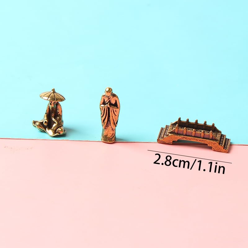 Acxico 6PC Brass Micro-Landscape Ornaments, Depicting Jiang Taigong Fishing, Fisherman's Small Bridge, Monk, with Miniature Fish Tank Decorations